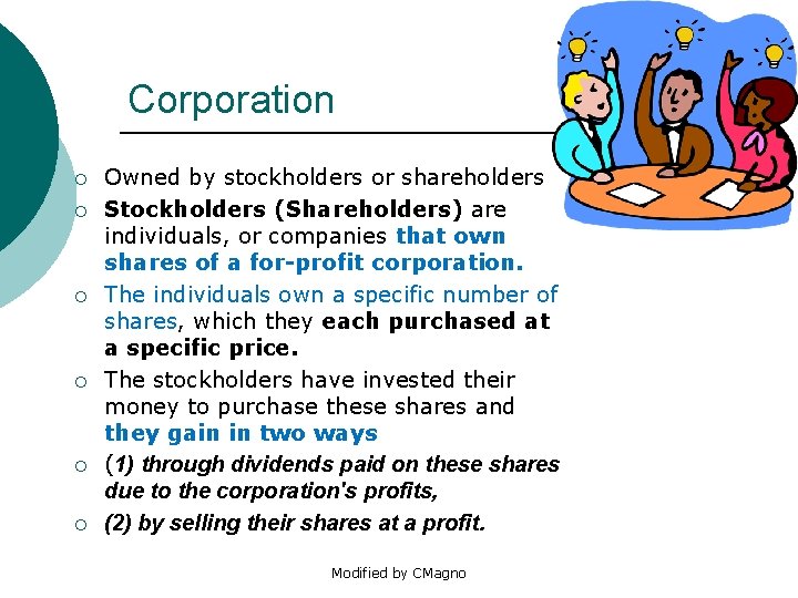 Corporation ¡ ¡ ¡ Owned by stockholders or shareholders Stockholders (Shareholders) are individuals, or