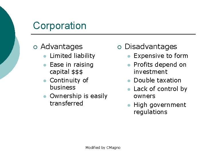 Corporation ¡ Advantages l l ¡ Limited liability Ease in raising capital $$$ Continuity