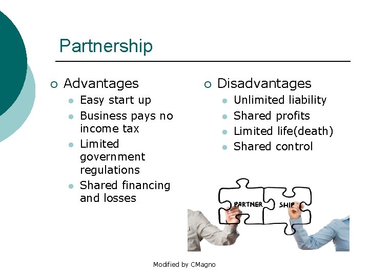 Partnership ¡ Advantages l l ¡ Easy start up Business pays no income tax