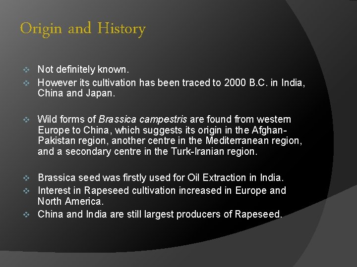 Origin and History Not definitely known. v However its cultivation has been traced to