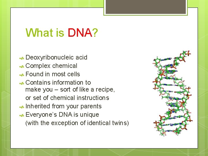 What is DNA? Deoxyribonucleic acid Complex chemical Found in most cells Contains information to