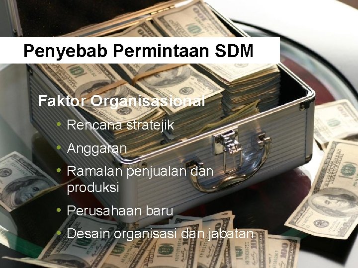 Penyebab Permintaan SDM Faktor Organisasional • Rencana stratejik • Anggaran • Ramalan penjualan dan