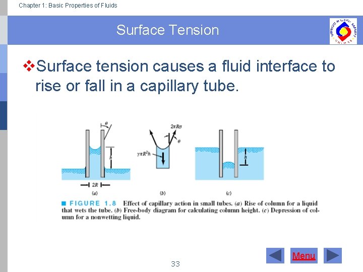 Chapter 1: Basic Properties of Fluids Surface Tension v. Surface tension causes a fluid