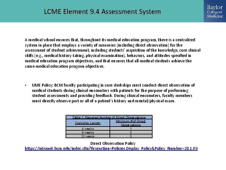 LCME Element 9. 4 Assessment System A medical school ensures that, throughout its medical