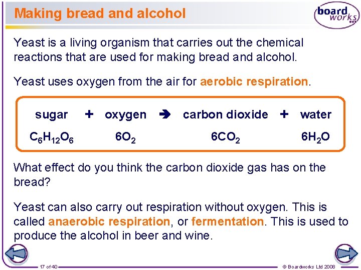 Making bread and alcohol Yeast is a living organism that carries out the chemical