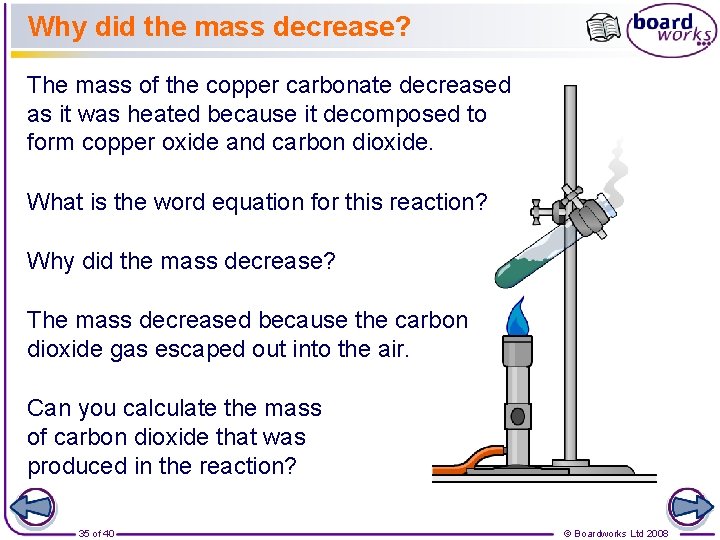 Why did the mass decrease? The mass of the copper carbonate decreased as it