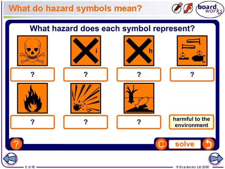 What do hazard symbols mean? 6 of 40 © Boardworks Ltd 2008 