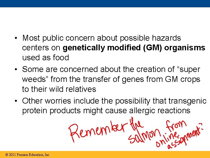 • Most public concern about possible hazards centers on genetically modified (GM) organisms