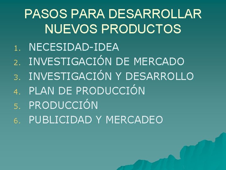 PASOS PARA DESARROLLAR NUEVOS PRODUCTOS 1. 2. 3. 4. 5. 6. NECESIDAD-IDEA INVESTIGACIÓN DE