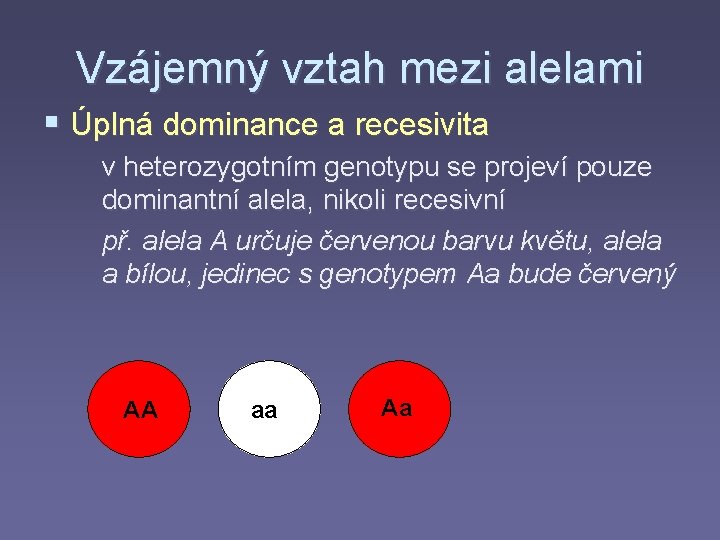 Vzájemný vztah mezi alelami § Úplná dominance a recesivita v heterozygotním genotypu se projeví