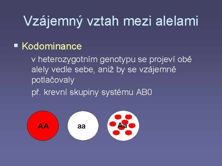 Vzájemný vztah mezi alelami § Kodominance v heterozygotním genotypu se projeví obě alely vedle