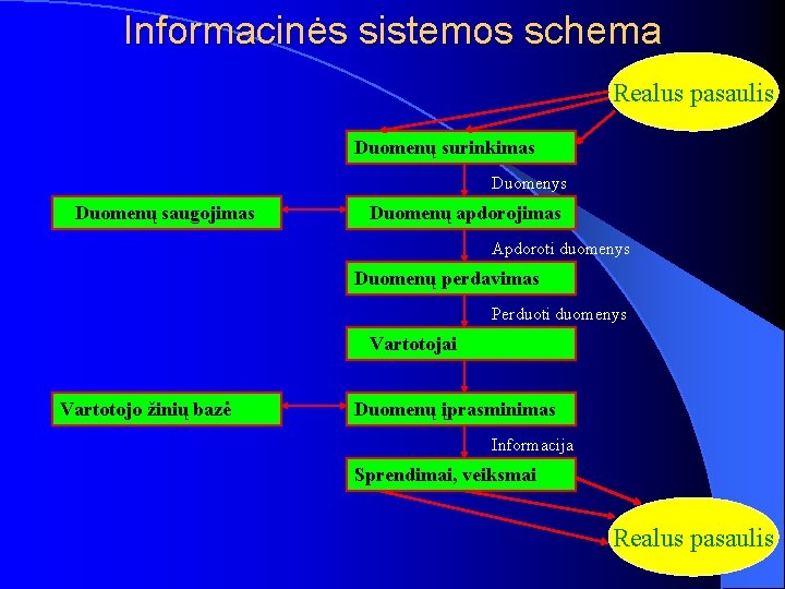 Informacinės sistemos schema Realus pasaulis Duomenų surinkimas Duomenys Duomenų saugojimas Duomenų apdorojimas Apdoroti duomenys