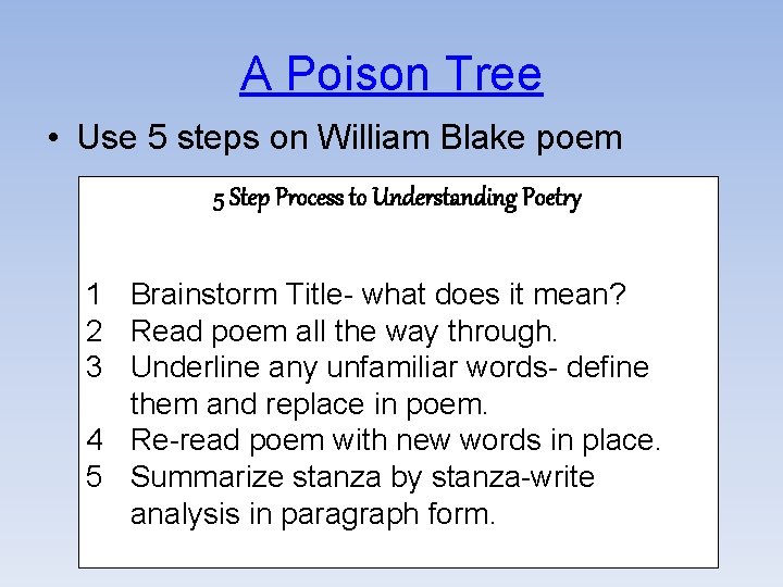 A Poison Tree • Use 5 steps on William Blake poem 5 Step Process