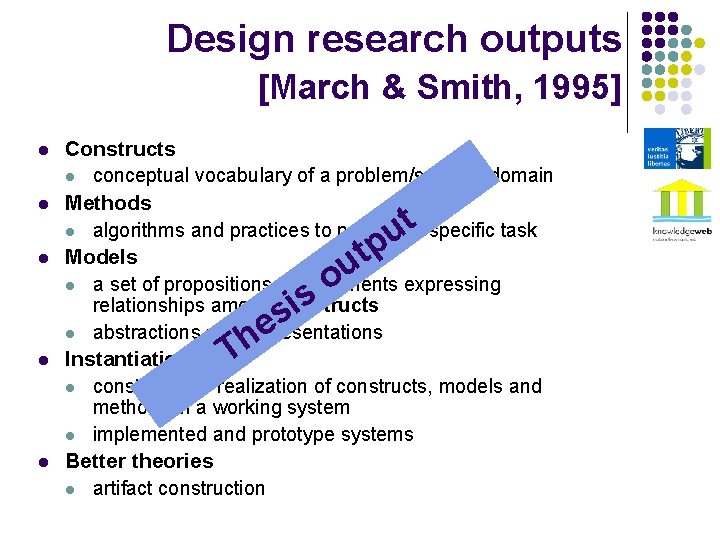 Design research outputs [March & Smith, 1995] l l l Constructs l conceptual vocabulary