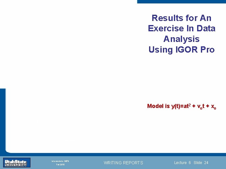 Results for An Exercise In Data Analysis Using IGOR Pro Model is y(t)=at 2