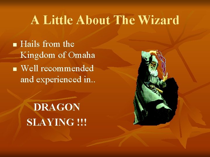 A Little About The Wizard n n Hails from the Kingdom of Omaha Well