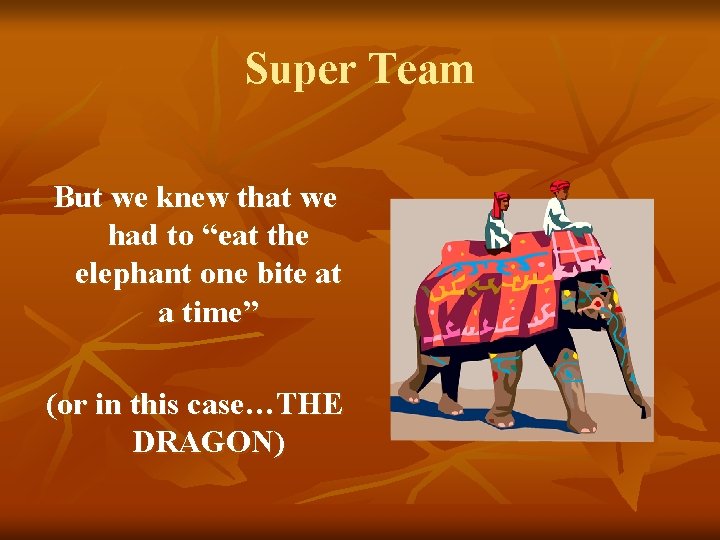 Super Team But we knew that we had to “eat the elephant one bite