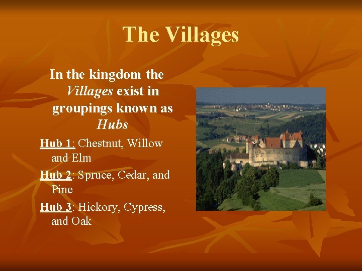 The Villages In the kingdom the Villages exist in groupings known as Hub 1: