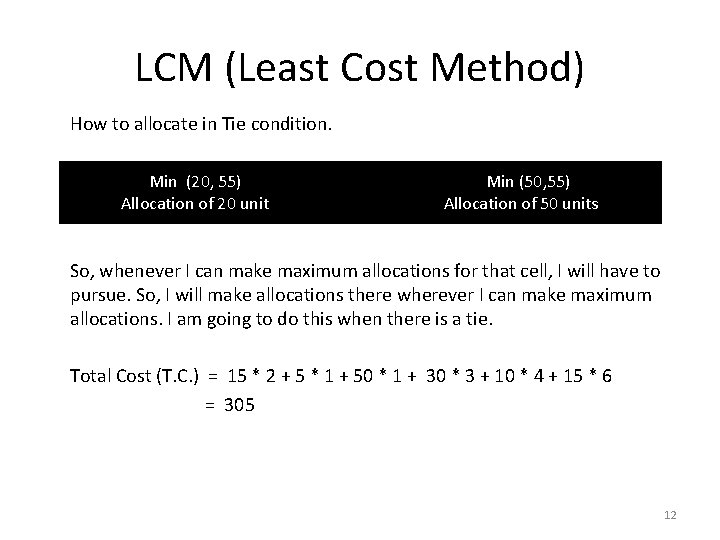LCM (Least Cost Method) How to allocate in Tie condition. Min (20, 55) Allocation