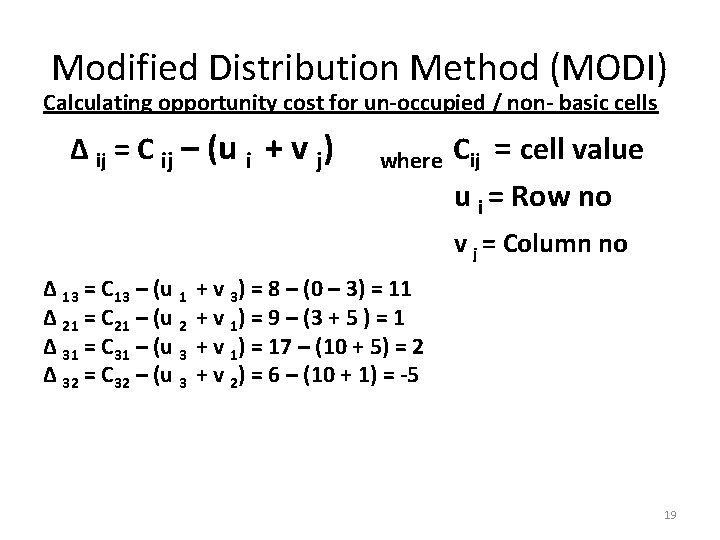 Modified Distribution Method (MODI) Calculating opportunity cost for un-occupied / non- basic cells ∆