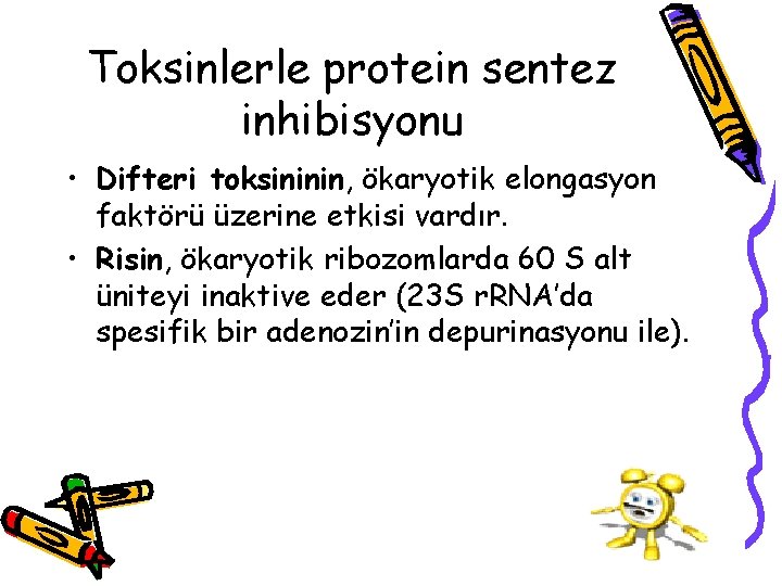 Toksinlerle protein sentez inhibisyonu • Difteri toksininin, ökaryotik elongasyon faktörü üzerine etkisi vardır. •