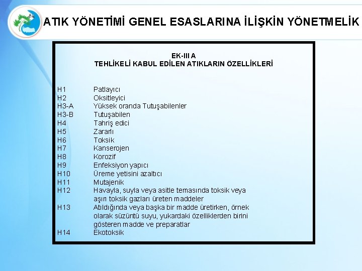 ATIK YÖNETİMİ GENEL ESASLARINA İLİŞKİN YÖNETMELİK EK-III A TEHLİKELİ KABUL EDİLEN ATIKLARIN ÖZELLİKLERİ H