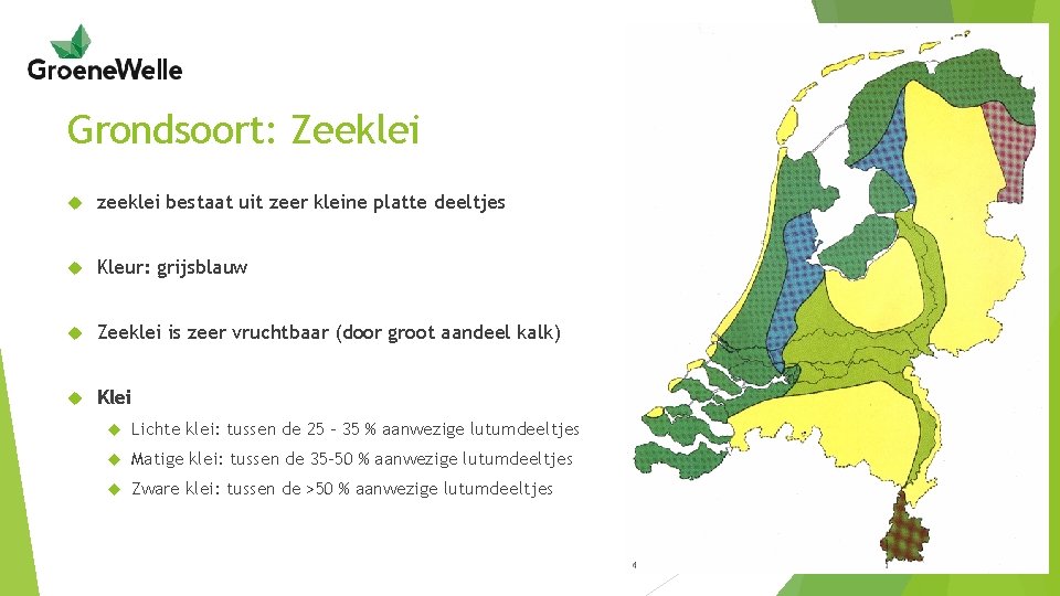 Grondsoort: Zeeklei zeeklei bestaat uit zeer kleine platte deeltjes Kleur: grijsblauw Zeeklei is zeer