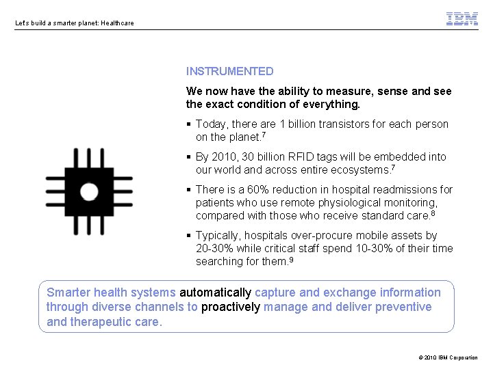 Let’s build a smarter planet: Healthcare INSTRUMENTED We now have the ability to measure,
