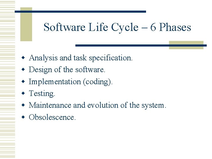 Software Life Cycle – 6 Phases w w w Analysis and task specification. Design