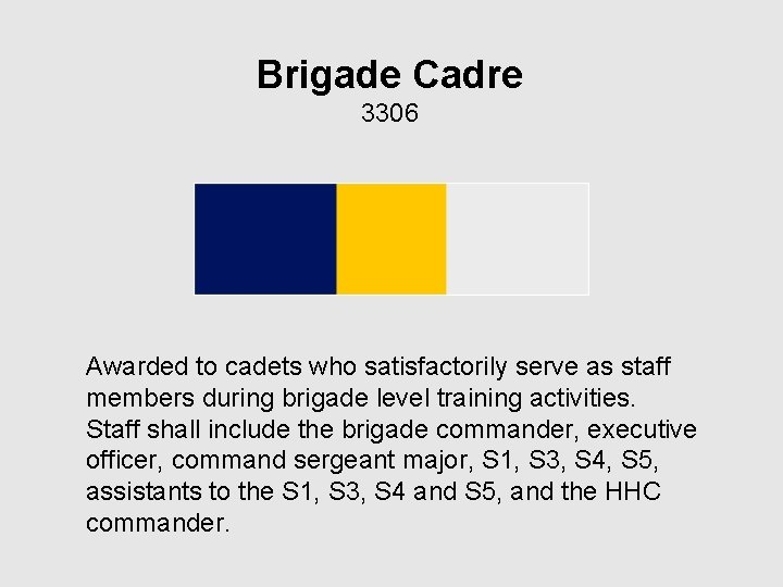 Brigade Cadre 3306 Awarded to cadets who satisfactorily serve as staff members during brigade