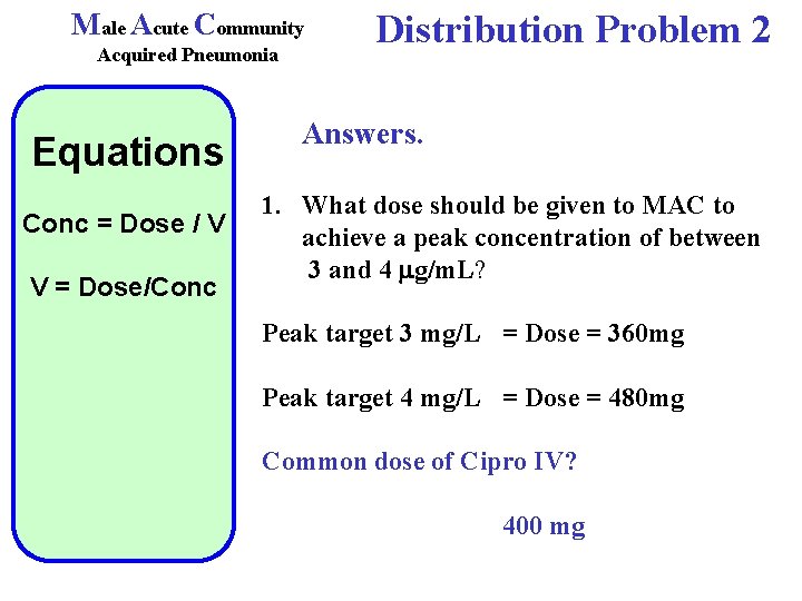 Male Acute Community Acquired Pneumonia Equations Conc = Dose / V V = Dose/Conc