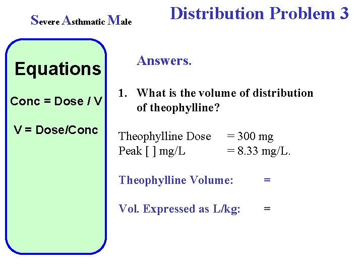 Severe Asthmatic Male Equations Conc = Dose / V V = Dose/Conc Distribution Problem