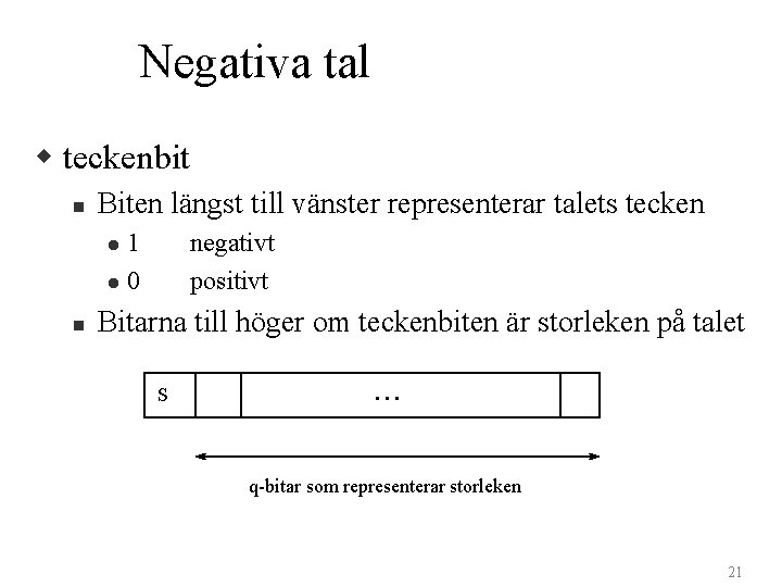 Negativa tal w teckenbit n Biten längst till vänster representerar talets tecken 1 l