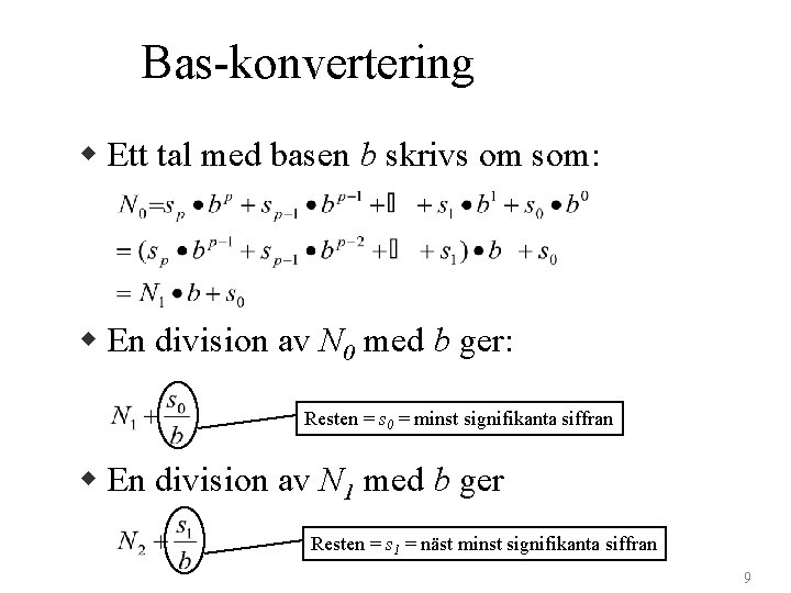 Bas-konvertering w Ett tal med basen b skrivs om som: w En division av