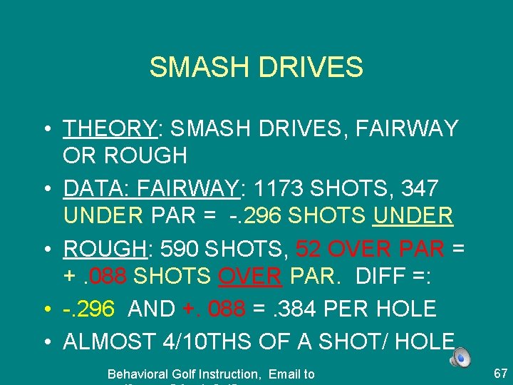 SMASH DRIVES • THEORY: SMASH DRIVES, FAIRWAY OR ROUGH • DATA: FAIRWAY: 1173 SHOTS,
