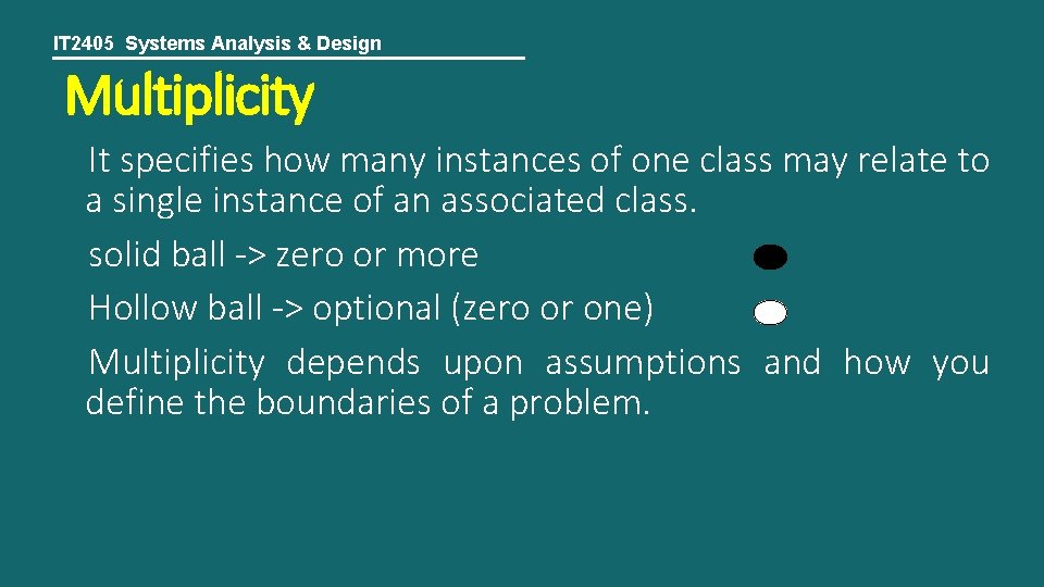 IT 2405 Systems Analysis & Design Multiplicity It specifies how many instances of one
