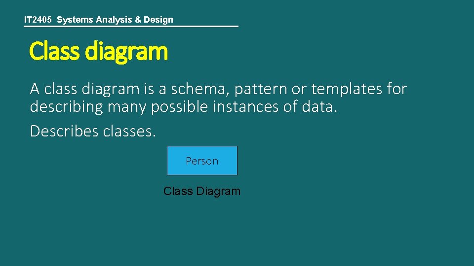 IT 2405 Systems Analysis & Design Class diagram A class diagram is a schema,