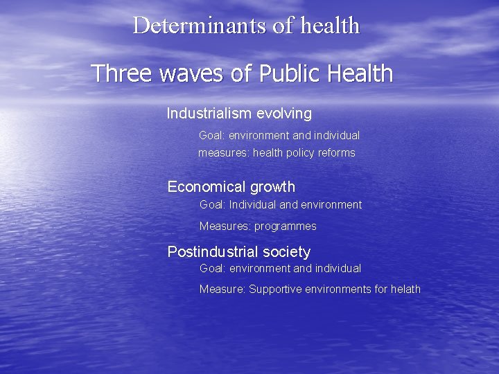 Determinants of health Three waves of Public Health Industrialism evolving Goal: environment and individual