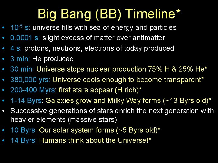 Big Bang (BB) Timeline* • • • 10 -5 s: universe fills with sea
