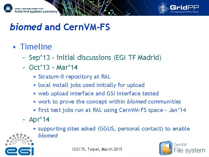 biomed and Cern. VM-FS • Timeline – Sep’ 13 – initial discussions (EGI TF