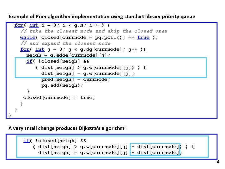 Example of Prim algorithm implementation using standart library priority queue for( int i =
