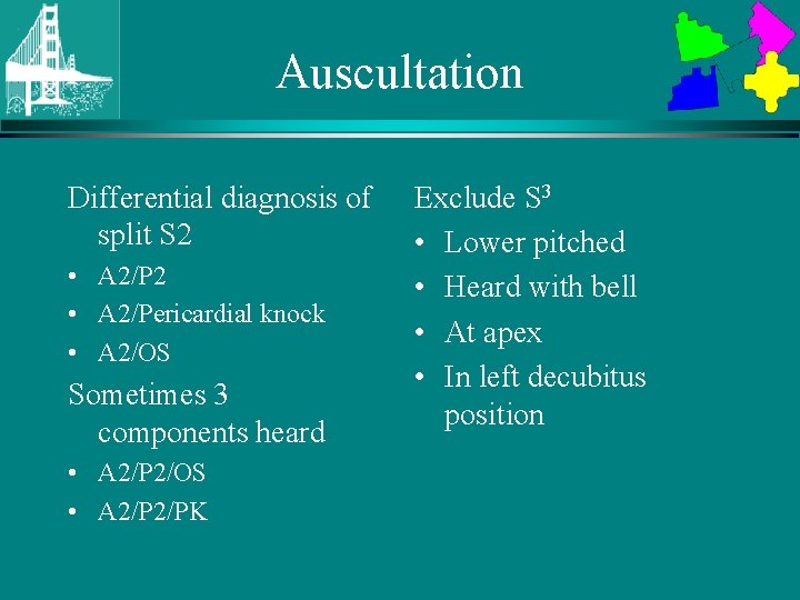 Auscultation Differential diagnosis of split S 2 • A 2/Pericardial knock • A 2/OS