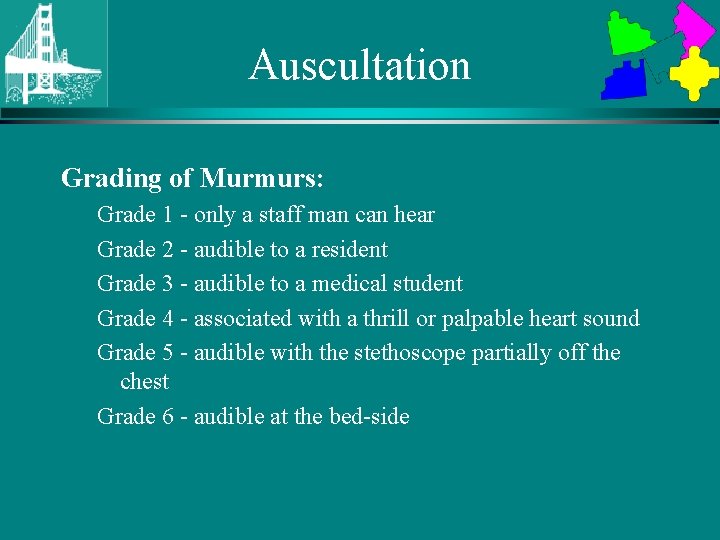 Auscultation Grading of Murmurs: Grade 1 - only a staff man can hear Grade