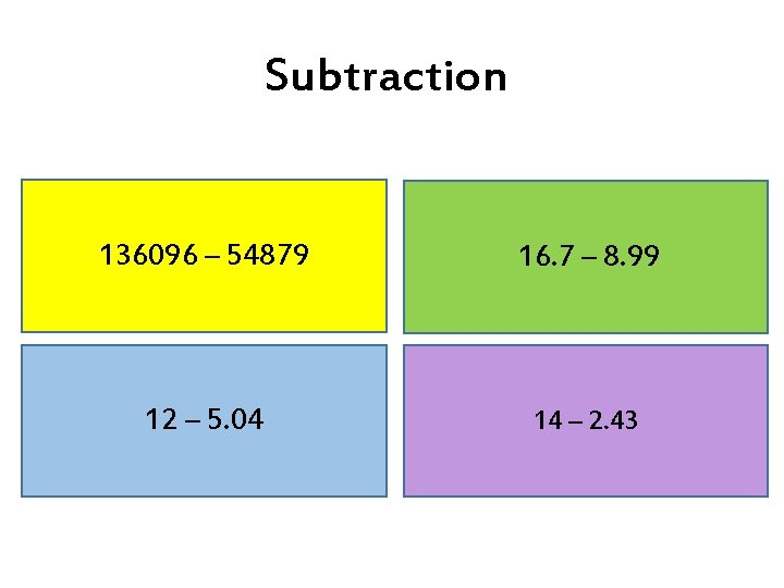 Subtraction 136096 – 54879 16. 7 – 8. 99 12 – 5. 04 14