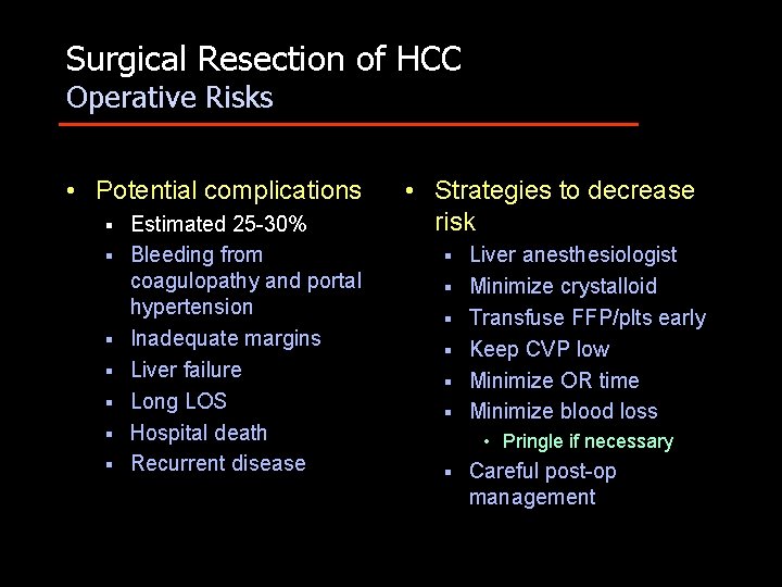 Surgical Resection of HCC Operative Risks • Potential complications § § § § Estimated