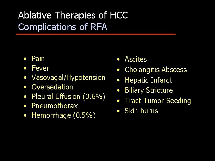 Ablative Therapies of HCC Complications of RFA • • Pain Fever Vasovagal/Hypotension Oversedation Pleural