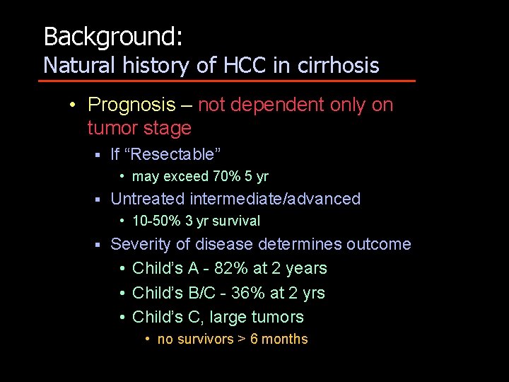 Background: Natural history of HCC in cirrhosis • Prognosis – not dependent only on