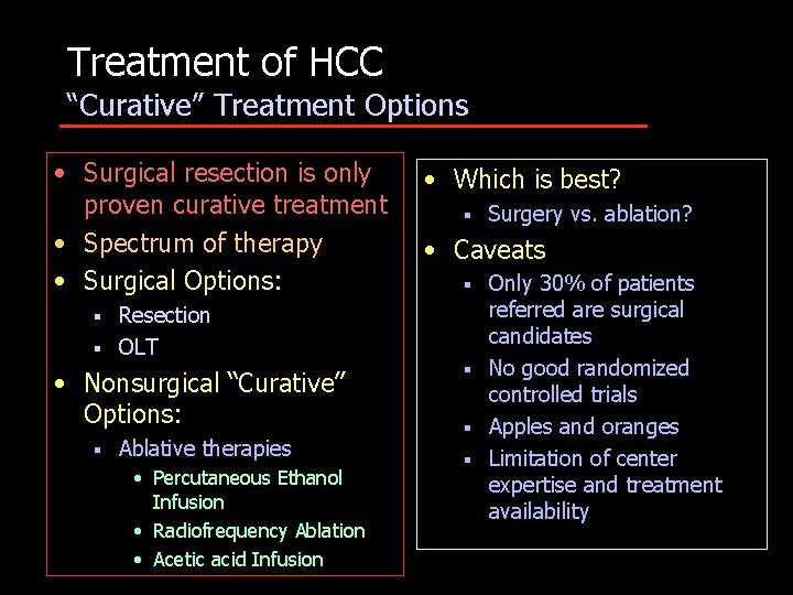 Treatment of HCC “Curative” Treatment Options • Surgical resection is only proven curative treatment