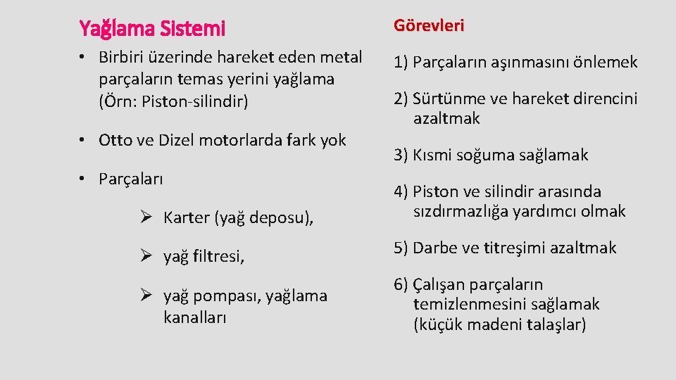 Yağlama Sistemi Görevleri • Birbiri üzerinde hareket eden metal parçaların temas yerini yağlama (Örn: