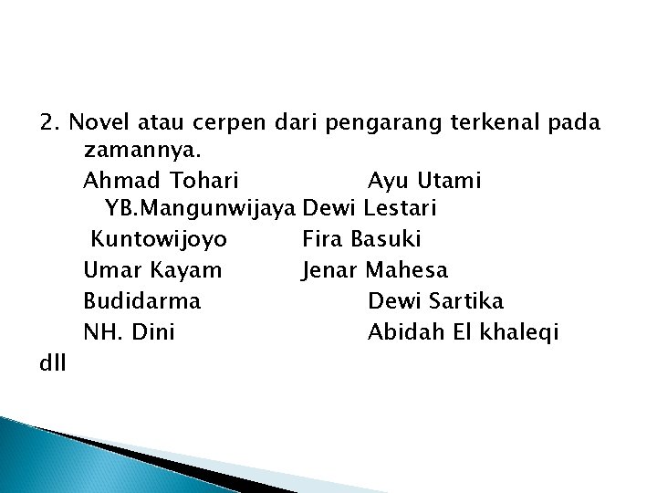 2. Novel atau cerpen dari pengarang terkenal pada zamannya. Ahmad Tohari Ayu Utami YB.